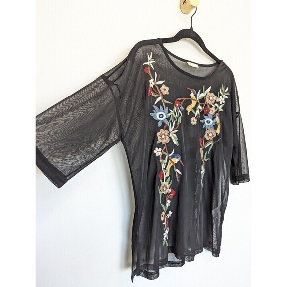 Miss Love Black Mesh Embroidered Bird Blouse Size Small - Picture 4 of 13